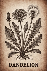 Aufkleber - Detailed botanical illustration of dandelion leaves, flowers, and roots on textured background