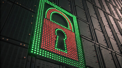 Poster - vibrant digital lock symbol representing cybersecurity service is displayed prominently, emphasizing protection and safety