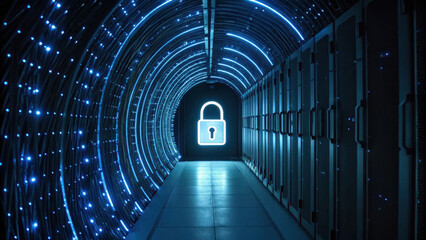 Poster - futuristic tunnel illuminated by blue lights leads to secure area symbolized by lock, representing cybersecurity service
