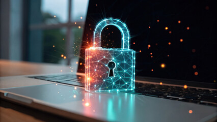 Poster - digital lock symbolizing cybersecurity service is displayed on laptop, representing protection and safety in digital world