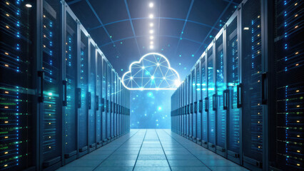 Poster - modern data center showcasing advanced cybersecurity service infrastructure with rows of servers and cloud symbol above