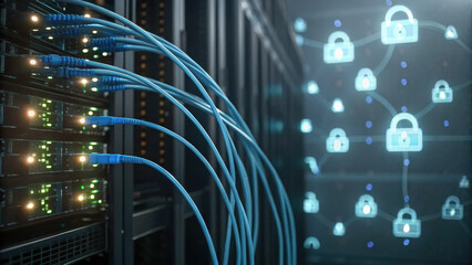 Poster - Secure data connections in modern server room highlight importance of cybersecurity service in protecting information