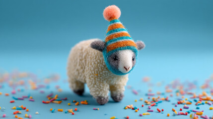 Aufkleber - Soft, white lamb figurine wearing a striped hat, amidst colorful sprinkles on a light-blue background, symbolizing celebration or festivity