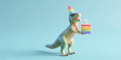 Poster - Green dinosaur toy holds rainbow layer cake with candles, wearing party hat against light-blue background, showcasing birthday celebration concept