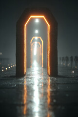 Poster - Neon abstract tunnel made of geometric light patterns. 