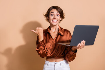 Aufkleber - Photo of adorable pretty lady dressed brown top texting modern device thumb empty space isolated beige color background