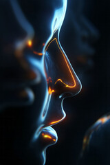 Poster - A surreal floating face materializing from smooth fluid shapes in shimmering blue and orange tones,