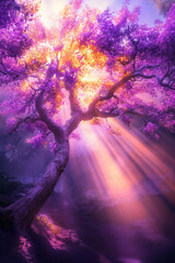 Poster - A breathtaking scene of a surreal tree laden with bright purple and golden textures, softly swaying