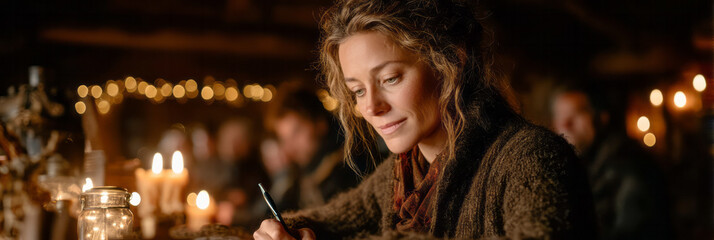 Poster - Woman writing journal by candlelight in a cozy cabin