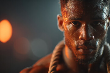 Poster - Athlete training in a gym with heavy ropes, intense lighting. 