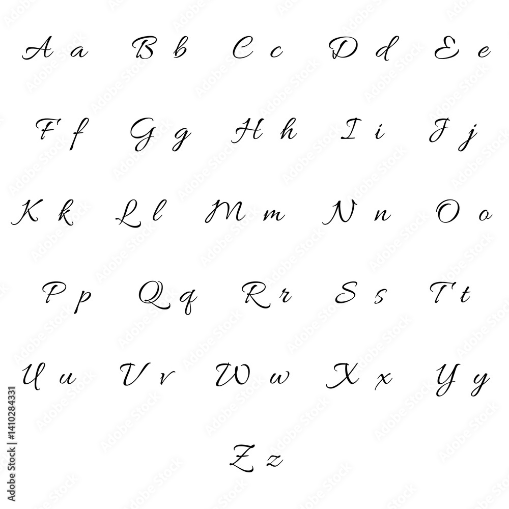 Elegant cursive English alphabet featuring uppercase and lowercase letters in a flowing calligraphy script for decorative designs
