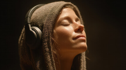 Poster - Woman in a hoodie listening to music with closed eyes. 