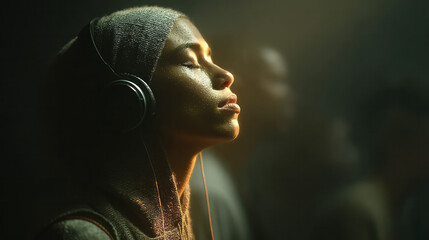 Poster - Woman in a hoodie listening to music with closed eyes. 