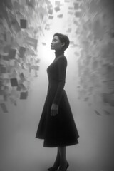 Poster - Woman surrounded by flying paper sheets in studio. 