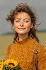 Aufkleber - Woman holding bunch of sunflowers in field with wind in hair. 