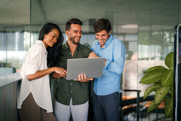 Poster - Software engineers using laptop computer with global network connection, Technology, innovation