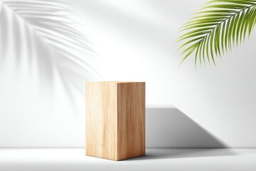 Poster - Empty Minimal Wooden Podium on White Background - Natural wooden block, minimalist display, product presentation, clean backdrop, tropical leaf shadow
