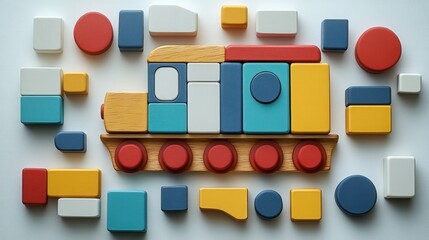 Colorful wooden toy train made from various shapes on a white background