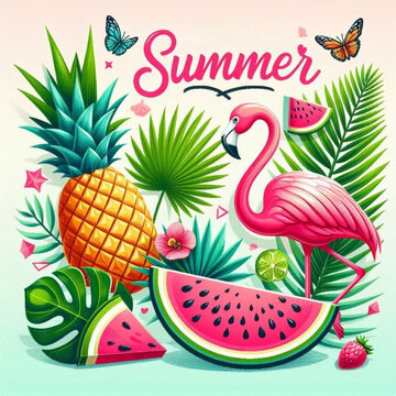 Summer Vibes Flamingo, Pineapple, and Watermelon in a Tropical Paradise