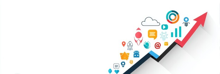 Poster - Progress Graphic: Rising Arrow and Icons - Growth, success, innovation, technology, and progress are symbolized by a rising arrow and various icons representing marketing and business expansion