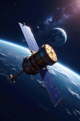Wall Mural - Space satellite with internet antenna in orbit around stars, antenna, satellite