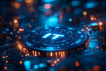 Aufkleber - A colorful image of technology with the word IT written in white, A digital background with IT icons and the word in large, centered text. The background has a blue gradient.