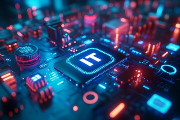 Aufkleber - A colorful image of technology with the word IT written in white, A digital background with IT icons and the word in large, centered text. The background has a blue gradient.
