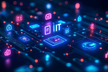 Aufkleber - A colorful image of technology with the word IT written in white, A digital background with IT icons and the word in large, centered text. The background has a blue gradient.
