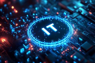 Aufkleber - A colorful image of technology with the word IT written in white, A digital background with IT icons and the word in large, centered text. The background has a blue gradient.