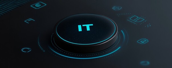 Aufkleber - A colorful image of technology with the word IT written in white, A digital background with IT icons and the word in large, centered text. The background has a blue gradient.