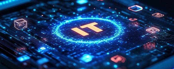 Aufkleber - A colorful image of technology with the word IT written in white, A digital background with IT icons and the word in large, centered text. The background has a blue gradient.
