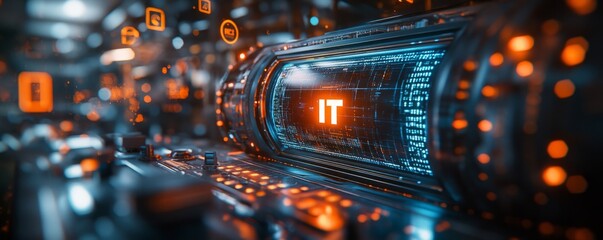 Aufkleber - A colorful image of technology with the word IT written in white, A digital background with IT icons and the word in large, centered text. The background has a blue gradient.