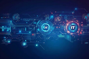 Aufkleber - A colorful image of technology with the word IT written in white, A digital background with IT icons and the word in large, centered text. The background has a blue gradient.