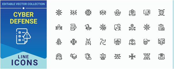 Poster - Cyber Defense linear icon. Included security, safety, protect, firewall, safe and more. Cyber Security vector icon set. Vector outline icons collection. Editable stroke. Vector illustration.