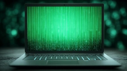 Open laptop displaying a green cascading digital code on its screen, technology concept, on a blurred background