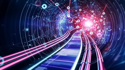 Wall Mural - Vibrant Digital Tunnel with Colorful Light and Network Connections