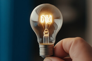 Poster - Bright lightbulb held in hand, symbolizing innovation and ideas in a cozy indoor space