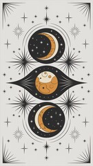 Poster - Celestial design featuring moons and stars in a symmetrical layout.