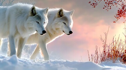  Two White Wolves Walking Gracefully in a Snowy Landscape at Sunset with Colorful Sky