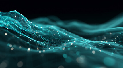 Poster - Abstract teal wave with glowing particles, creating a dynamic and modern design, showcasing technological advancement or digital connectivity