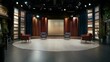 © decorator - Frontal view of an empty modern tv talk show studio during live broadcast, focusing on host area