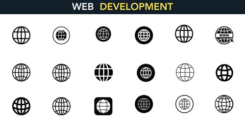 Web Development icon set. Containing online, computer, network, website, server, web design, hardware, software, and programming. Solid icons vector collection.