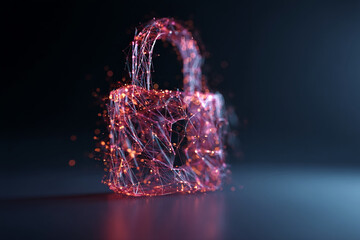 Poster - Abstract padlock formed from glowing lines and nodes, set against a dark background, symbolizes digital security and data protection