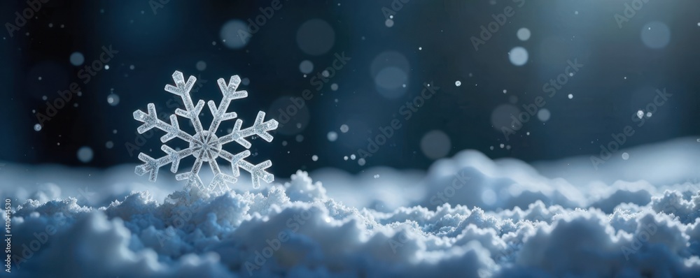 Single snowflake on dark grey background with subtle snowfall in the distance, frozen, crystal