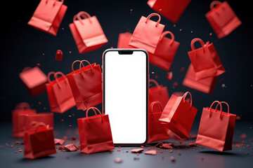 Aufkleber - A smartphone surrounded by red shopping bags, suggesting a focus on consumerism or online shopping.