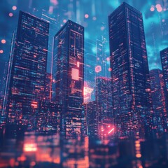 Poster - A futuristic cityscape, illuminated by glowing digital overlays.