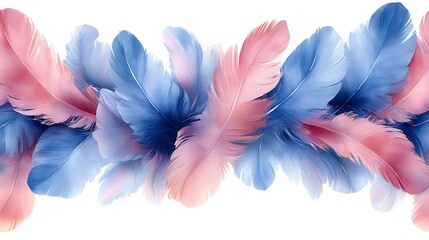 Poster - Pink and blue feathers creating seamless border on white background