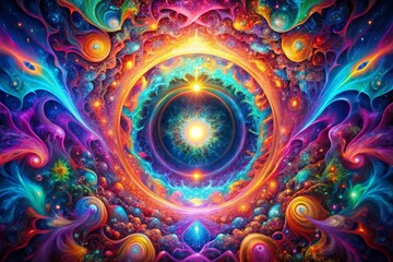 Poster - Vivid abstract psychedelic portal bursting with color, swirling patterns, and acid trip dream energy