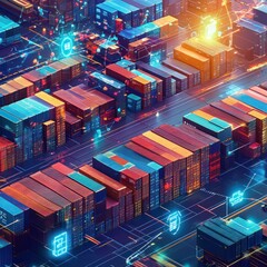 Poster - A futuristic depiction of a globalized shipping hub, showcasing interconnected cargo containers and integrated logistics technology.