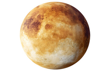 brown planet floats against a transparent background. craters, textured surface, and varied earthy t
